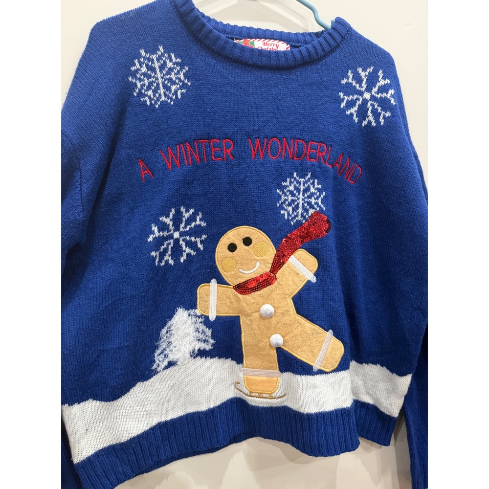 Merry Christmas Blue Gingerbread Man Winter Wonderland Ugly Sweater XL - Picture 2 of 5